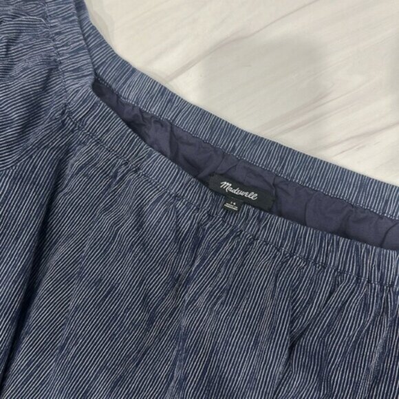 Madewell Women’s Navy Blue Pinstripe Off the Shoulder Bell Sleeve Dress Size 14 - Picture 7 of 8